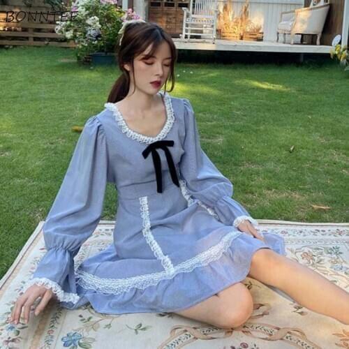 Dress Women Student Sweet Lovely Casual V-Neck Lace Patchwork Stylish Flare Sleeve Knee-length College Ladies Vestidos Autumn