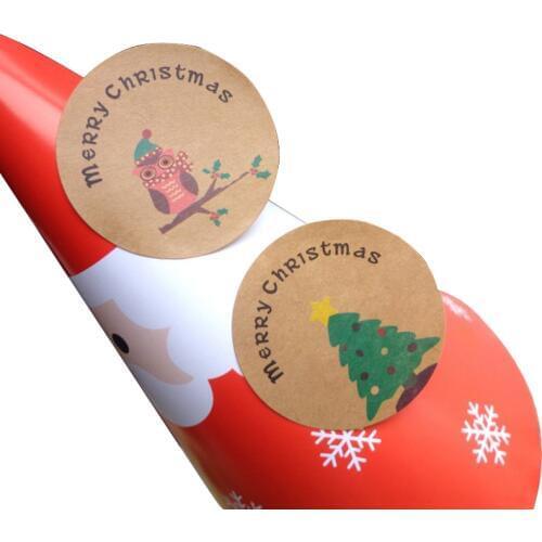 1200pcs/pack Merry Christmas Tree Owl Handmade Cake Packaging Round Sealing Label Kraft Sticker Christmas Party Supply Wholesale