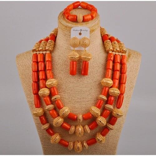 24inches Necklace Orange Coral Jewelry Set African Wedding Beads Bridal Set Nigerian Beads Jewelry Sets for Bride