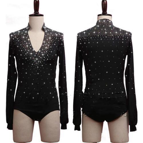 Sparkly Rhinestones Latin Dance Tops for Men White Black Color V-neck Shirts Dance Bodysuit Male Latin Dance Competition Costume