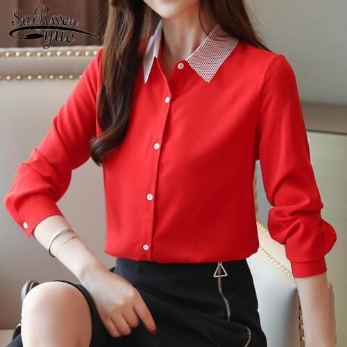 New Autumn Women Blouses Office Lady Shirts Women Tops Solid Red Chiffon Blouses Cardigan Button Shirts Bottom Shirts 5977 50