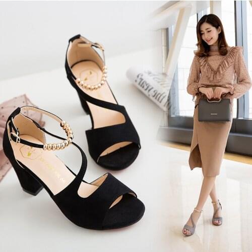 Flock Women Sandals High Block Square Heels Open Toe Casual Party Summer Faux Suede Buckle Ankle Strap Faux Suede Ladies Sandals