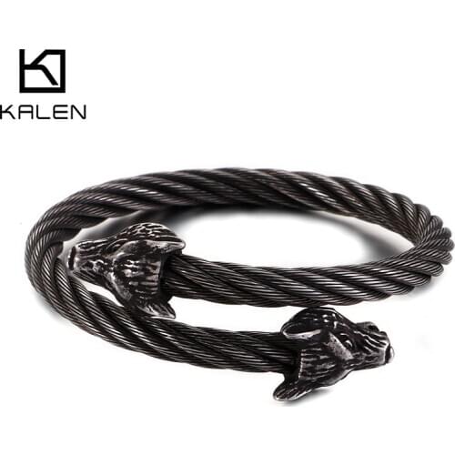 KALEN Punk Stainless Steel Matte Viking Wolf Charm Bangle Man Hip Hop Cable Wire Gold Animal Cuff Bracelet Men Jewelry