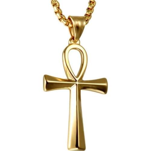 Stainless Steel Gold Religious Ankh Cross Egypt Pharaoh Pendant Necklace Jewelry Gift For Him with Chain