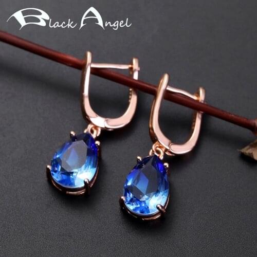 BLACK ANGEL Fashion Water Drop Blue Tourmaline Gemstone 925 Silver Clip Earrings For Women Wedding Jewelry Christmas Gift