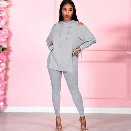 Two Piece Set Hooded Tracksuit Women Clothing Lounge Wear Suit Long Top Split Cut Out Shoulder 2 Piece Set Outfits Plus Size
