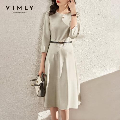VIMLY minimalist dress women 2021 autumn half sleeve elegant light luxury office lady French midi dresses female vestido F8707