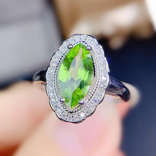 Natural real green peridot ring Per jewelry 925 sterling silver 6*12mm 1.6ct gemstone Fine jewelry J215307