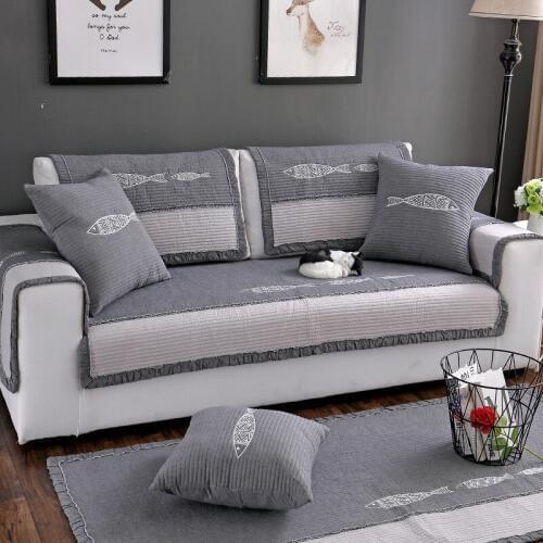Small Fish Embroidery Sofa Cover Cotton Linen Non-Slip Sofa Towel Chair Covers Mats Living / Drawing Room Decorative L Shaped