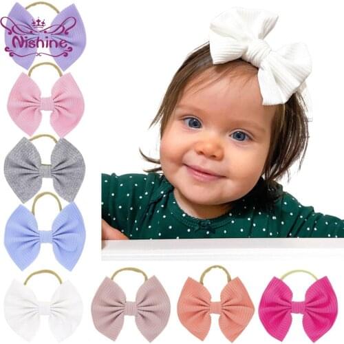 Nishine Solid Color Cotton Bowknot Newborn Headband Fashion Striped Bows Nylon Hair Bands Baby Girls Headwear Clothing Ornaments