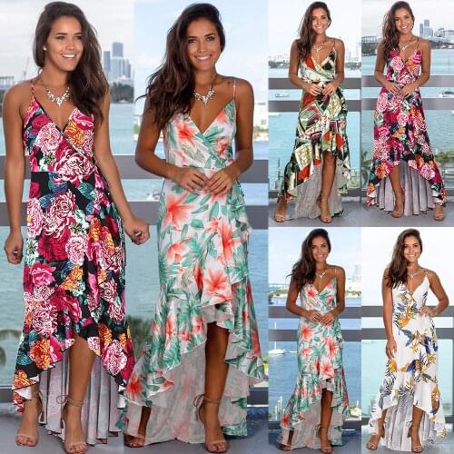 New Summer Dress Woman 2021 Original Irregular Straps V-Neck Elegant Party Dresses Maxi Robe Floral Print Beach Vestidos Casual
