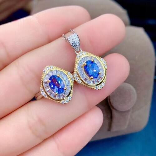 New Design Tanzanite Jewelry set Natural And Real 925 sterling silver Fine jewelry 1pc Tanzanitering,1pc Tanzanite Pendant