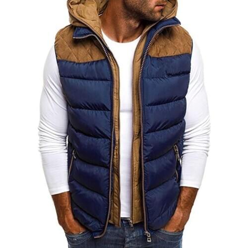 Autumn Winter Men Puffer Vest Hooded Warm Sleeveless Jacket Gilet Patchwork Zipper Slim Vest Down Coat