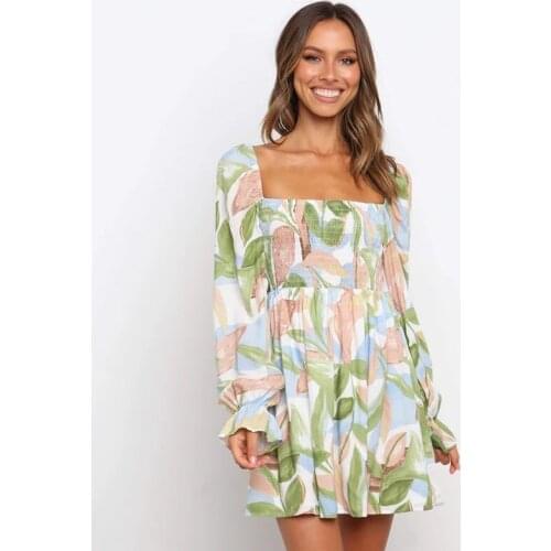 Autumn For Womens Dresses Fashion Square Neck Printing Long Sleeved Slim Ladies Mi Di Dress 2021 Ladies Casual Vacation Skirt