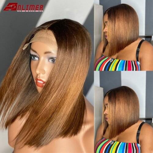Ombre Brown Short Bob Silk Top Lace Front Human Hair Wigs Scalp Top 5x5'' Closure Wigs 130% Density With Baby Hair Non-Remy