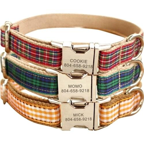 Personalized Pet Collar Scottish Plaid Custom Puppy Cat Name ID Tag Adjustable Collars Lead Leash Set Free Engraving Dog Collars