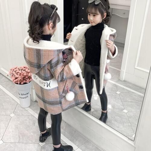 2020 Autumn Winter Girls Hairy Coat Fashion Design Long Coat for Girls Kids Outerwear Grid pattern 4 to 12 years old