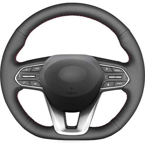 Hand-stitched Black Artificial Leather Car Steering Wheel Cover for Hyundai Santa Fe 2019-2020 Palisade 2020