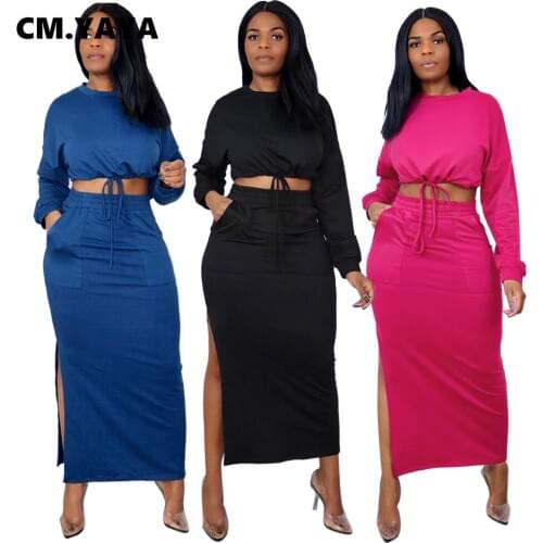CM.YAYA Autumn Winter Womens Set Tie Up Crop Top High Split Midi Skirts Sexy Club Matching Set Tracksuit Two 2 Piece Set Outfit