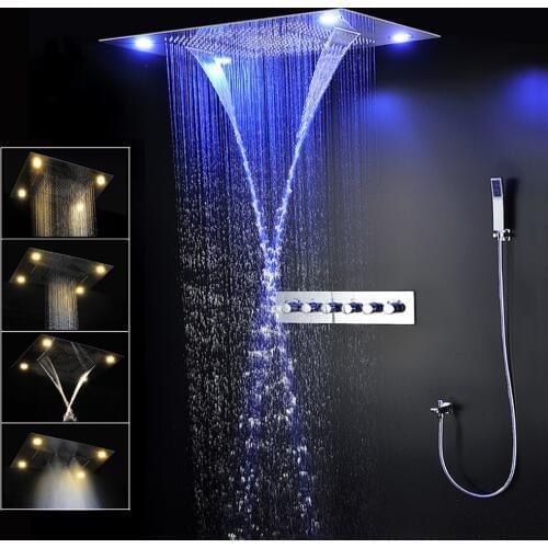 Modern Thermostatic Shower Faucets Large Rainfall Shower Set with LED Embedded Ceiling Waterfall Shower Panel Head 600x800MM