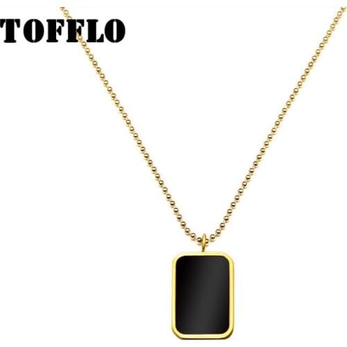 TOFFLO Stainless Steel Jewelry Simple Rectangular Tag Black Shell Pendant Necklace Female Clavicle Chain BSP528