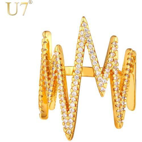 U7 Women Wedding Band Electrocardiogram Rings Jewelry Gold Color Zircon Heart Beat Cocktail Adjustable Ring R422