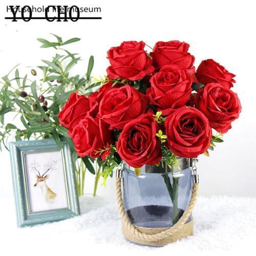 YO CHO 7 Heads Roses Silk Artificial Red Flowers Faux Rose Flores Bouquet Decoration for Bride Wedding Table Pink Flowers Fake