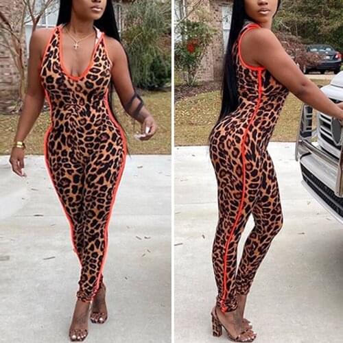 Women Leopard Print Bodysuits Sexy Party Skinny Sleeveless Hooded Long Pants Jumpsuit Leopard
