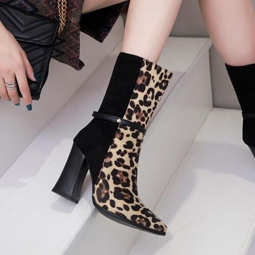 Pointed Super-High Horseshoe Thick Heel To Keep Warm Flock Female Mid-Calf Boots Super-Size Leopard Print Sexy Mid-Tube Boots