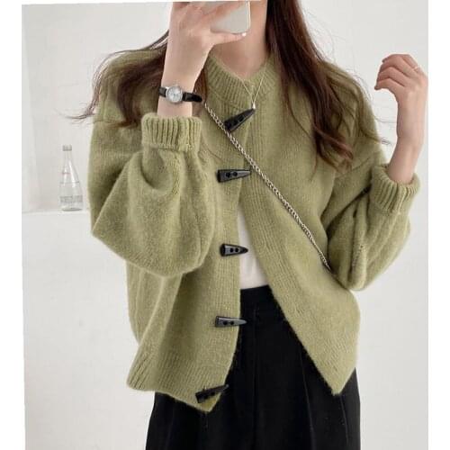 Autumn Winter Knitted Female Cardigan Loose Streetwear 2021 Knit Sweater Coat Cute Solid Round Neck Cardigan Women Jackets
