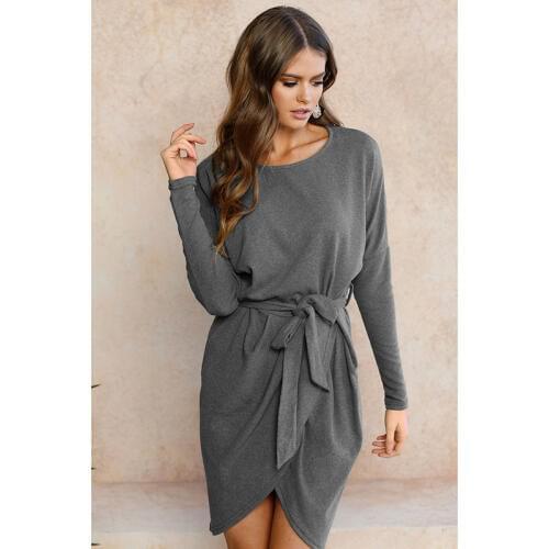 Loose Irregular Dress Women Fashion Autumn Round Neck Causal Long Sleeve Mini Dress with Belt