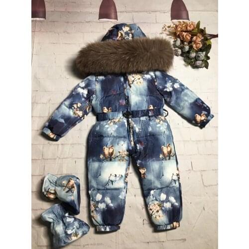 Real fur hooded 2021 Winter Jacket child jackets children jumpsuit snow suit girl floral limbing down romper ski suits outerwear