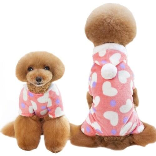 Winter Warm Fleece Dog Pajamas Love-heart Printed Puppy Clothes Jumpsuit Soft Chihuahua Cat Coat Hooded Jacket