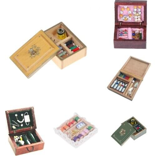 1:12 Miniature Vintage Sewing Box With Needle Scissors Kit Dollhouse Decoration Accessories Toolkit Toolbox/Jewelry/Medical Box