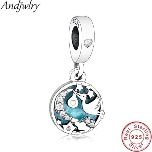 925 Sterling Silver Stork & Twinkling Stars Dangle Charm Fit Original Pandora Charms Bracelet Dangle Beads Making DIY Berloque