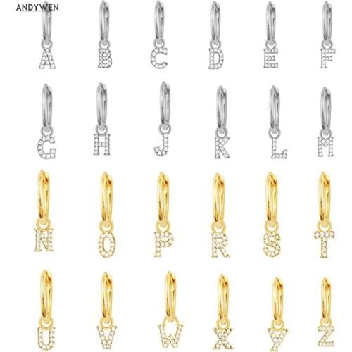 ANDYWEN 925 Sterling Silver Dangle Letter Initial Charm Pendiente Piercing Drop Earring 2020 Alphabet Clear CZ Jewelry For Party