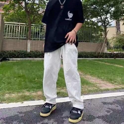 Harajuku White Black Letter Foam Hip Hop Mens Drawstring Pants Oversize Straight Retro Boom Feet Casual Track Pants