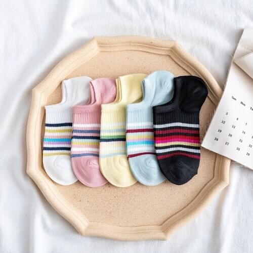 Color Bar Boat Socks Ladies Sports Cotton Socks Striped Waist Manufacturers Wholesale College Style Womens Socks Shallow Mouth