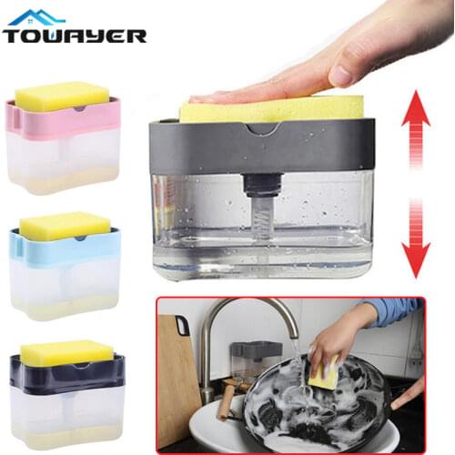 2 in 1 Scrubbing Liquid Detergent Dispenser Press-Type Liquid Soap Box Pump Organizer With Sponge Kitchen Tool Bathroom Supplies