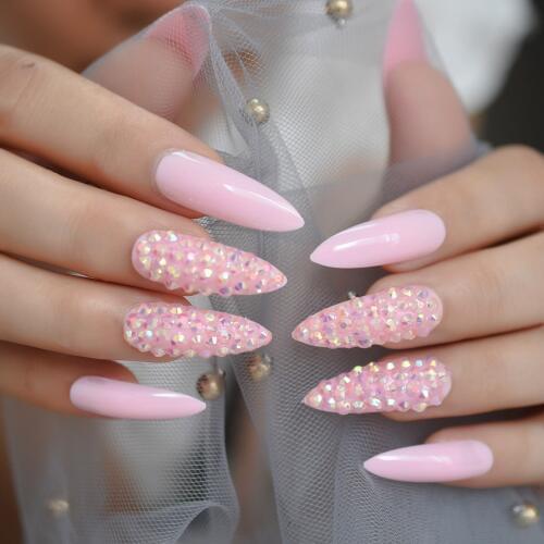 Long Pink Rhinestone 3D Fake Nail Tips Sparkling Stiletto Shiny Full Cover False Nail Gorgeous Long Sharp Nail Tips