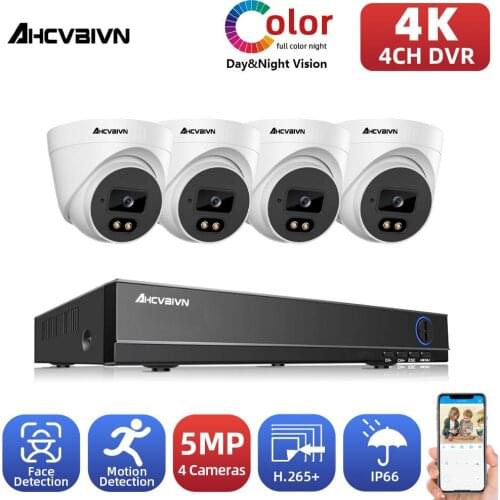 AHCVBIVN 5MP H.265 CCTV DVR Home Security Camera System Set 8.0MP 4CH DVR Kit IP66 Color Night Vision Surveillance Camera Kit