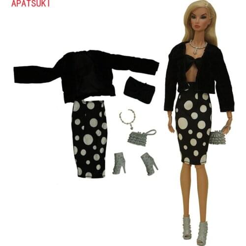 Black Polka Fashion Doll Outfits for Barbie Doll Clothes Set 1/6 Dolls Accessories Coat Jacket Crop Pants Shoes Necklace Toys