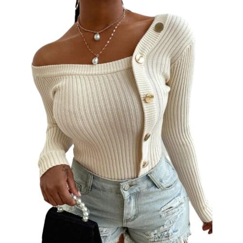 Fashion Button Off Shoulder Knitted Sweater Women Jumper Autumn Winter Strapless Pullover Long Sleeve Knitwear Female Streetwear