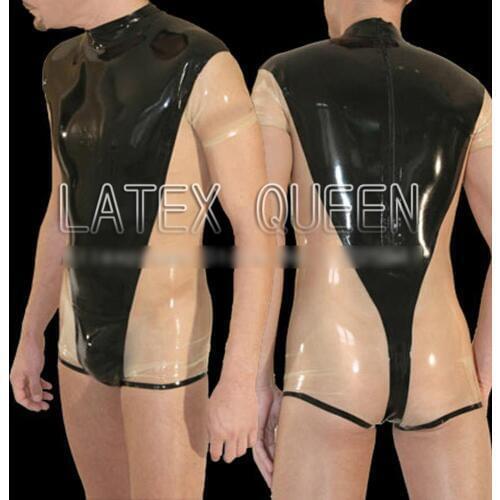 Men 's 100% nature latex rubber bodysuits for adults in black and trasparent trim
