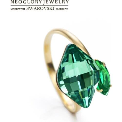 Neoglory Austria Crystal & Zircon Adjustable Finger Ring Green Geometric Shaped Light Yellow Gold Color Trendy Jewelry Women
