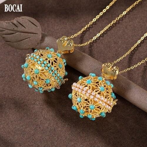 BOCAI New 2021 Trend Real S925 Sterling Silver Gold-plated Turquoise/Pearl Vintage Pattern Hollow Box Woman Pendant Necklace
