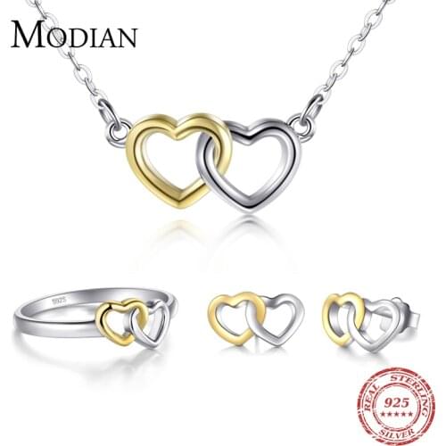Modian New Authentic 100% 925 Sterling Silver Ring & Stud Earrings Fashion Double Hearts Gold White Color Wedding Jewelry Set