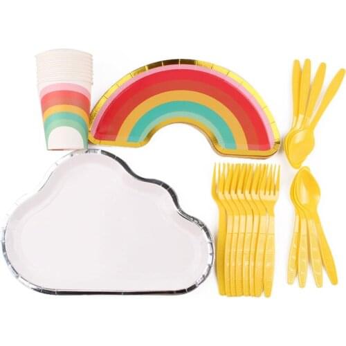 40Pc/Set Rainbow Clouds Theme Disposable Tableware Birthday Decoration Baby Shower Plates Cups Spoon Fork Napkins Party Supplies