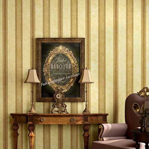 Q QIHANG Retro Nostalgic Vertical Stripes Country Style Bedroom Study Non-woven Wallpaper Blue Bright Yellow 10M*0.53M=5.3M2