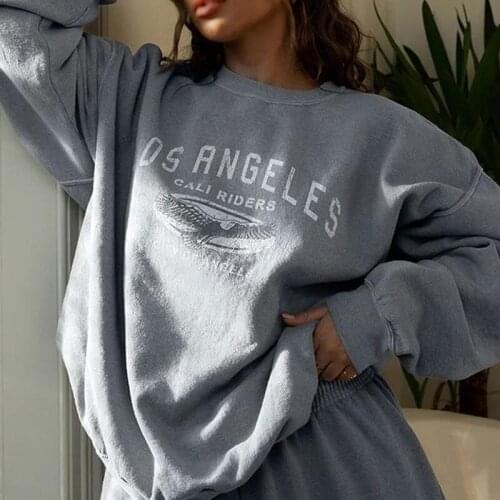 Gray Letter Print Womens Sweatshirts Loose O-neck Long Sleeve Hoodies For Ladies Casual Streetwear 2021 Autumn Fashion CLothes